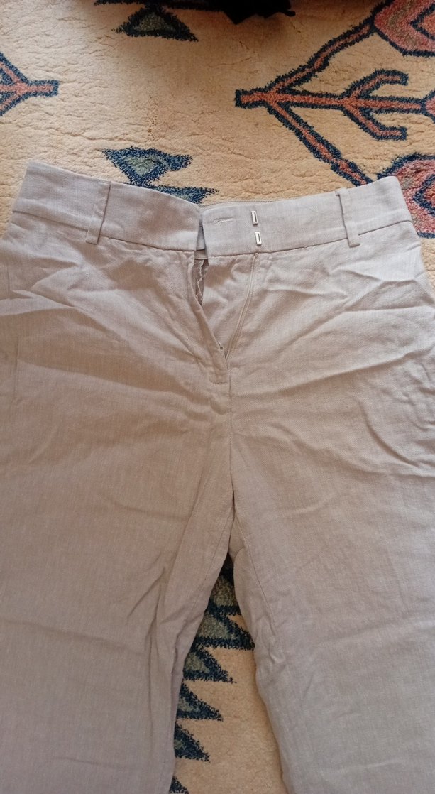 Bej Keten Kadın Pantolon Midi Boy Rahat Kesim - Görsel 2