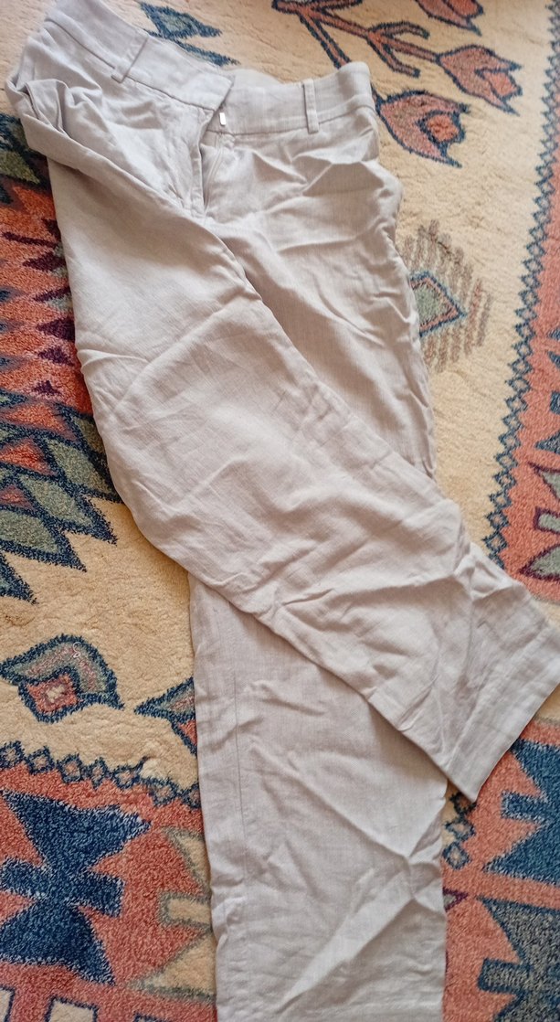 Bej Keten Kadın Pantolon Midi Boy Rahat Kesim - Görsel 4