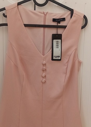 Pudra Pembe Düğmeli Midi Elbise - Görsel 2