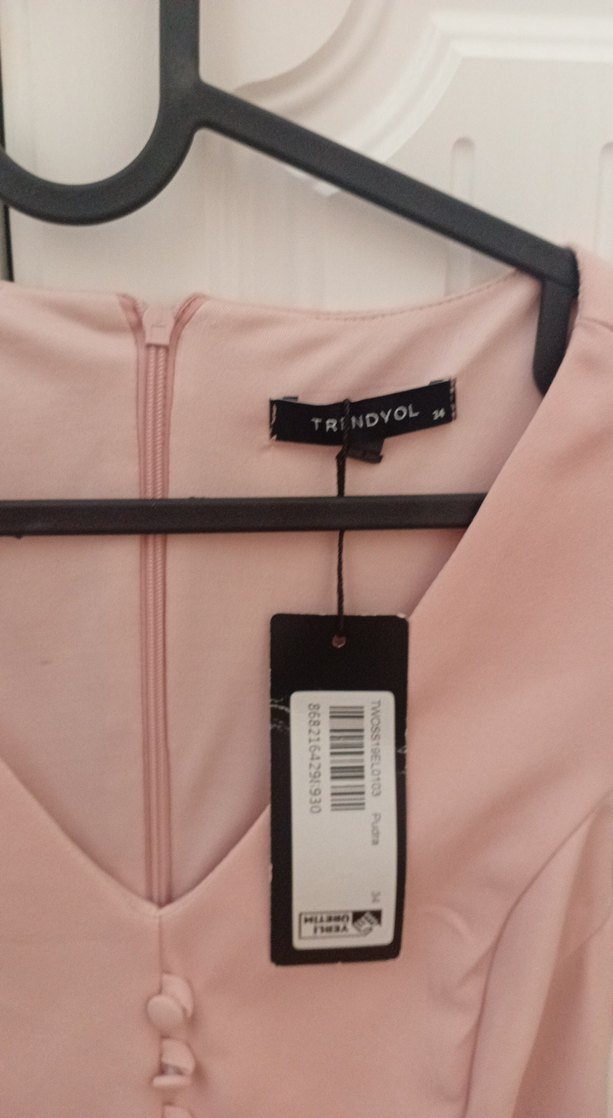 Pudra Pembe Düğmeli Midi Elbise - Görsel 3