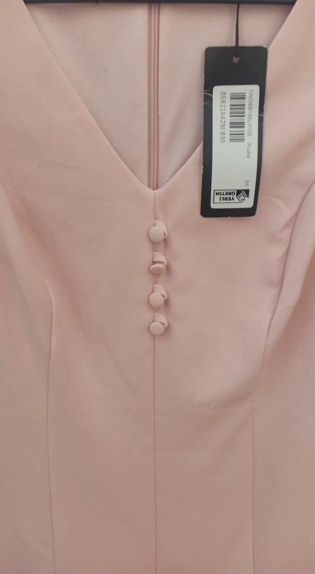 Pudra Pembe Düğmeli Midi Elbise - Görsel 4