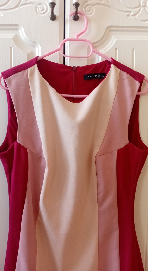 Pudra Pembe Drapeli Kolsuz Kalem Elbise - Görsel 2