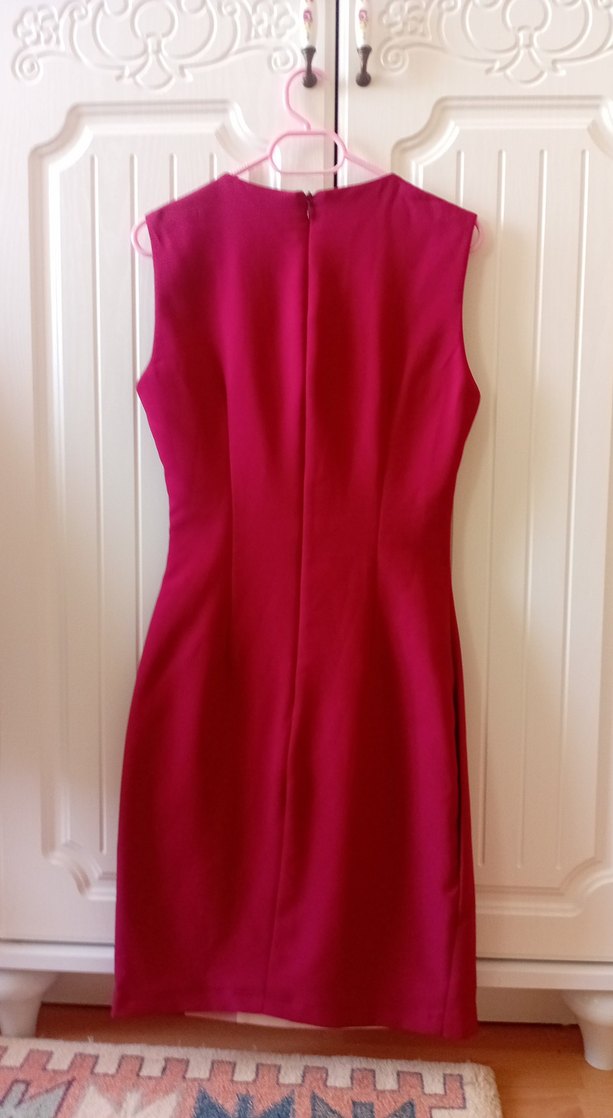 Pudra Pembe Drapeli Kolsuz Kalem Elbise - Görsel 3