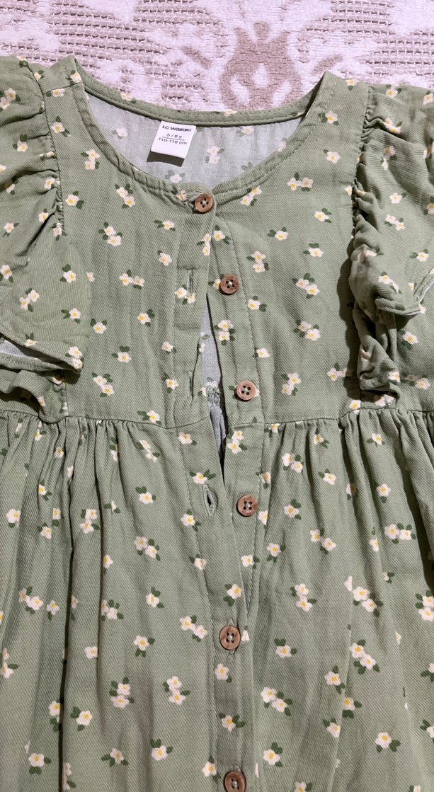 Kız Çocuk Yeşil Pamuklu Fırfırlı Elbise - Görsel 3