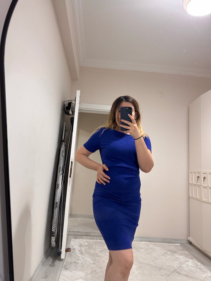 Sade V Yaka Midi Hamile Kot Elbise - Görsel 2