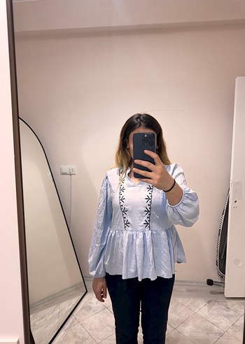 Mavi Batik Desenli Uzun Kollu Kadın Bluz - Görsel 5