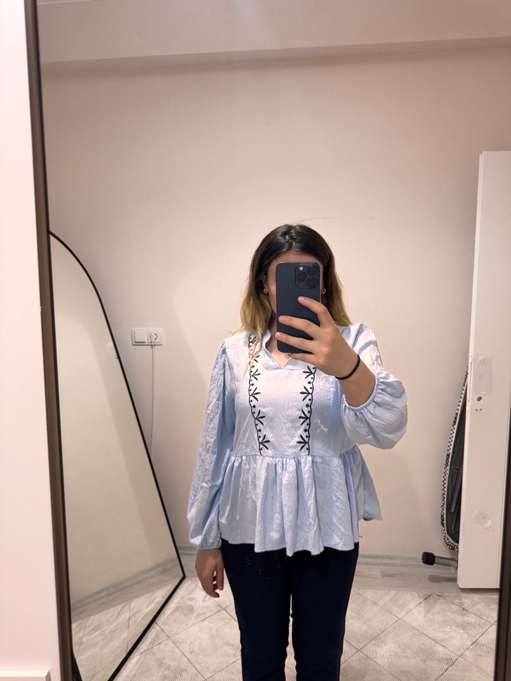 Mavi Batik Desenli Uzun Kollu Kadın Bluz - Görsel 5