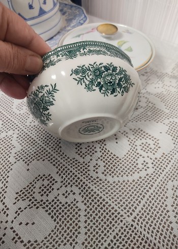 Yeşil Çiçek Desenli Porselen şekerlik &kase