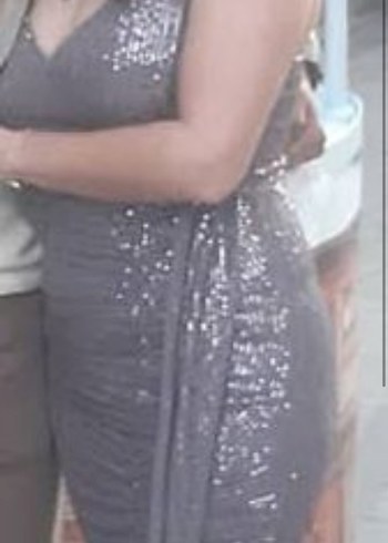 Drapeli Uzun Gri Yılan Desenli Abiye Elbise - Görsel 4