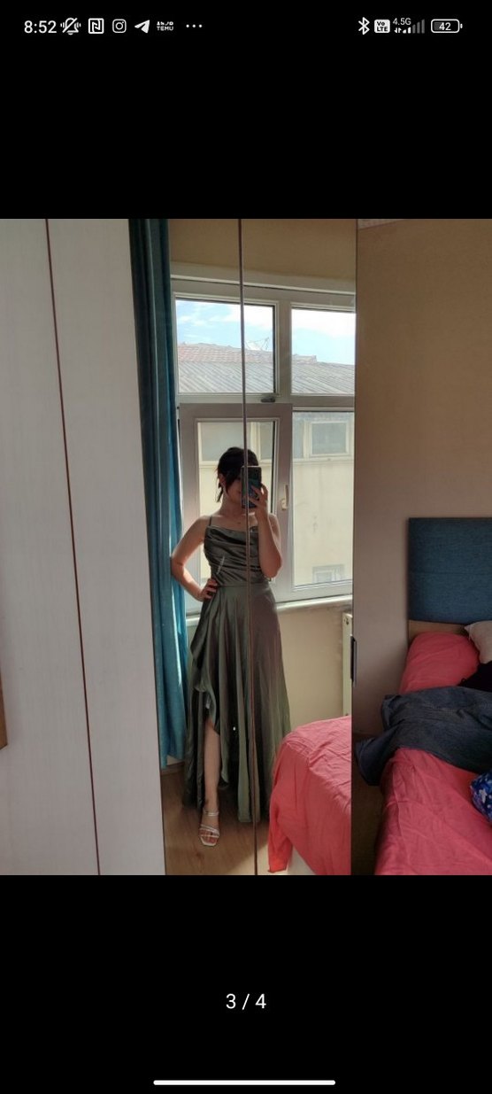 Kadın Haki Volanlı Yırtmaçlı Uzun Abiye Elbise - Görsel 3