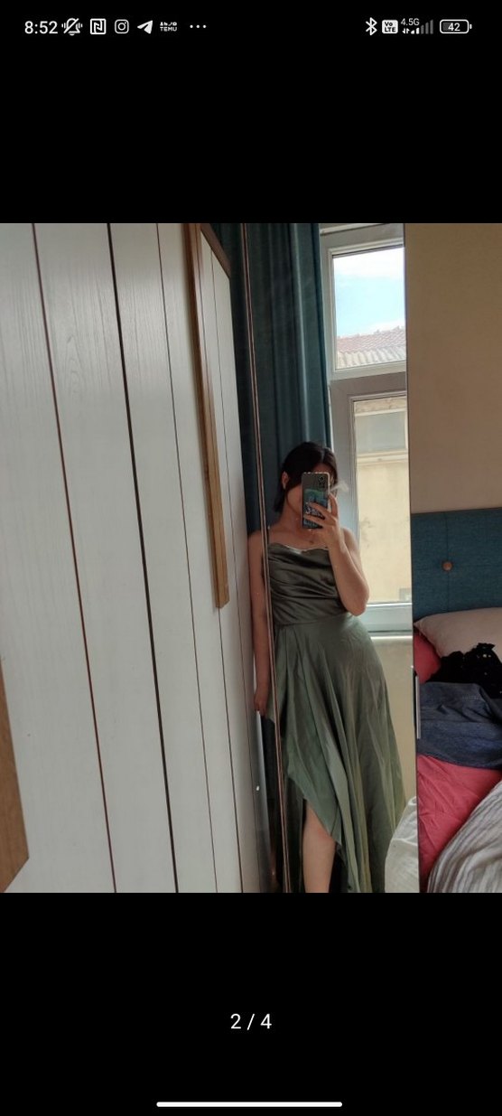 Kadın Haki Volanlı Yırtmaçlı Uzun Abiye Elbise - Görsel 2