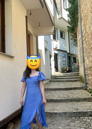 Mavi Midi Elbise, Kısa Kollu, Düz Yaka - Görsel 2