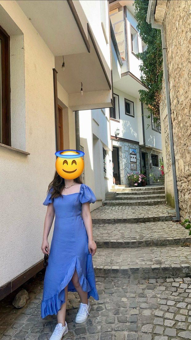 Mavi Midi Elbise, Kısa Kollu, Düz Yaka - Görsel 2