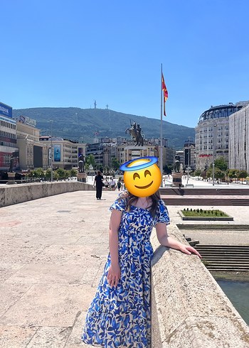 36 Beden Mavi Desenli Uzun Kadın Elbise