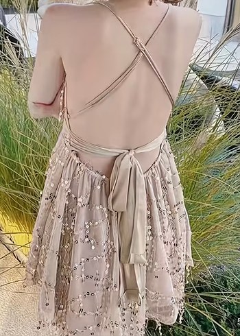 Bej Mini V Yaka Payetli Elbise - Görsel 2