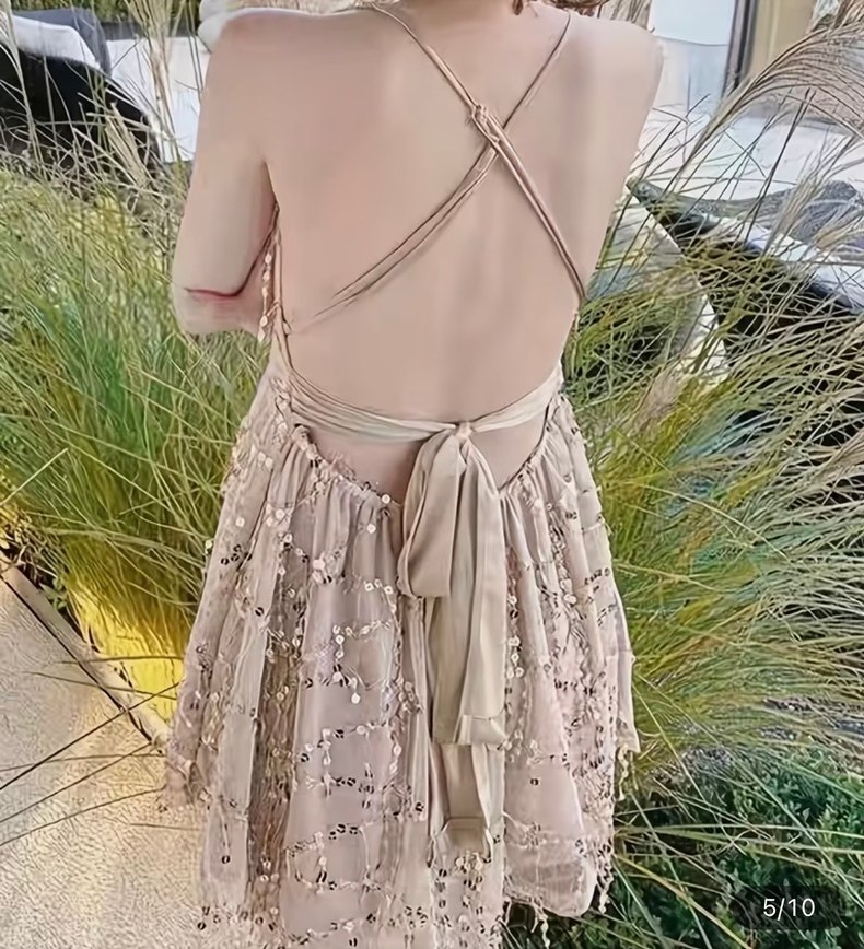 Bej Mini V Yaka Payetli Elbise - Görsel 2