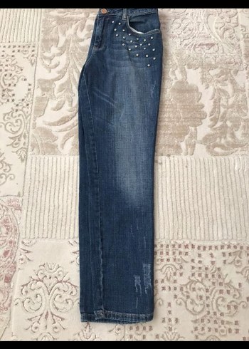 Nakışlı Düğmeli Mavi Kadın Kot Pantolon - Görsel 2