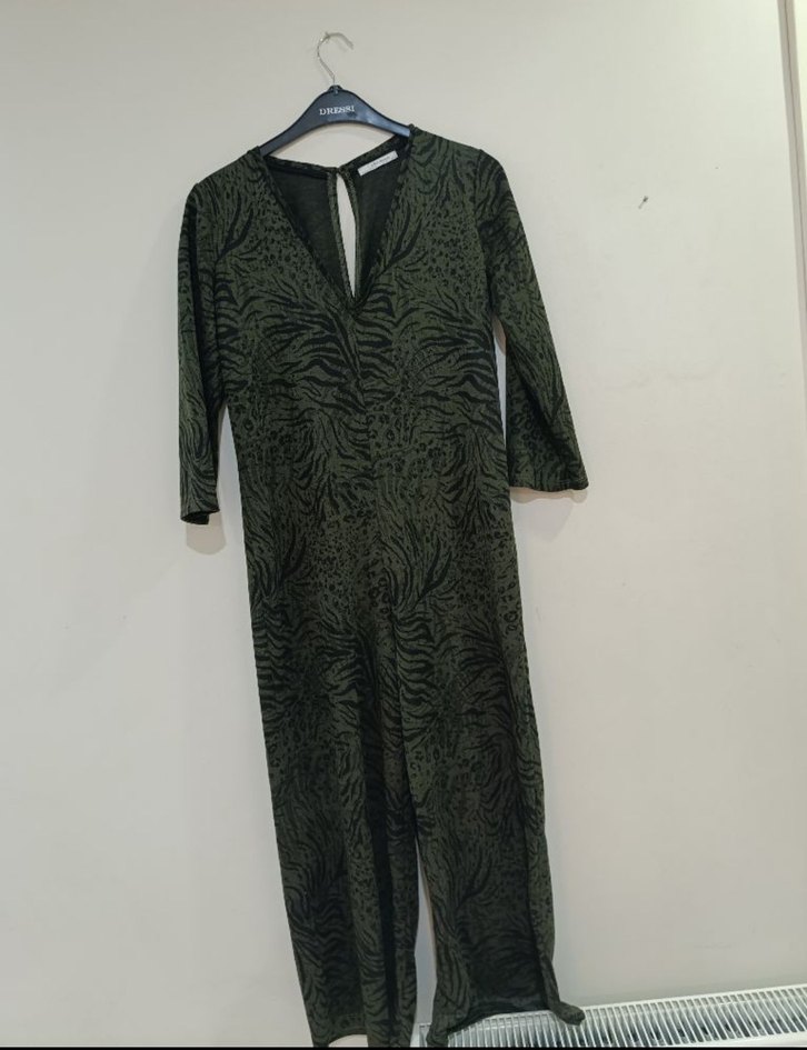 Uzun V Yaka Zebra Desenli Yeşil Elbise - Görsel 2