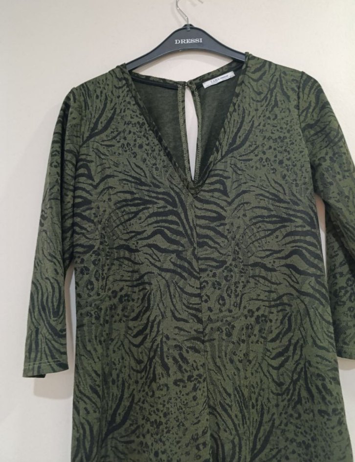 Uzun V Yaka Zebra Desenli Yeşil Elbise - Görsel 4