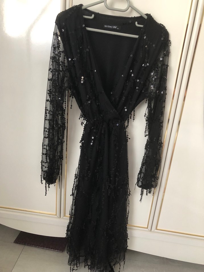 Uzun Kollu Siyah Nakışlı Gotik Elbise - Görsel 2