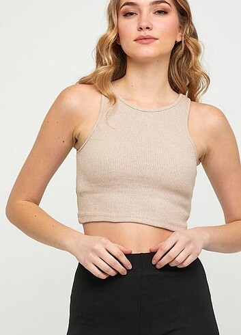 l Beden Bej rengi Crop bluz fitilli kumaş