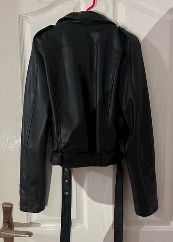 Kemerli Siyah Kadın Deri Biker Ceket - Görsel 2