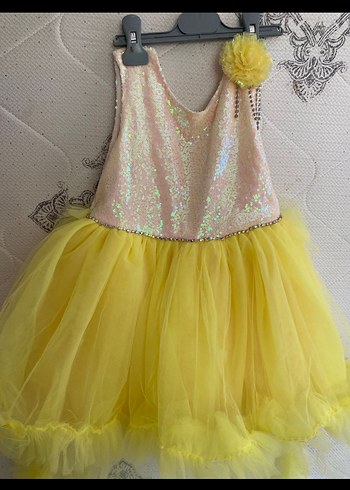 Sarı Tüllü Kolsuz Kız Çocuk Elbise - Görsel 2