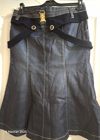 42 Beden yeni Lacivert Parlak Kadın Denim Midi Etek