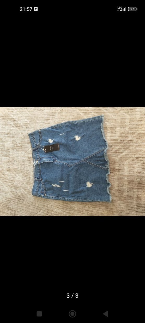 Kadın Mavi Kot Mini Etek, Bel Detaylı - Görsel 3