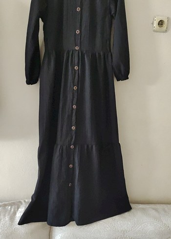 Düğmeli Siyah Keten Uzun Elbise - Görsel 2