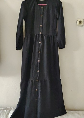 Düğmeli Siyah Keten Uzun Elbise - Görsel 3