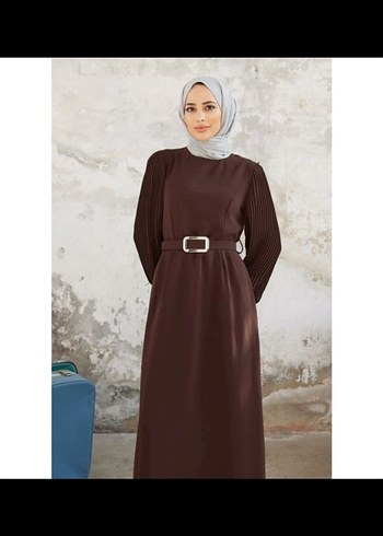 Kahverengi Kemerli Uzun Kollu Uzun Elbise - Görsel 4