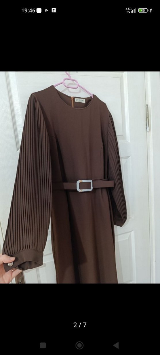 Kahverengi Kemerli Uzun Kollu Uzun Elbise - Görsel 2