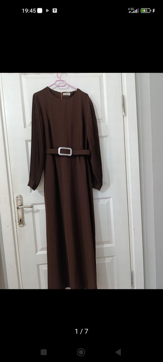 Kahverengi Kemerli Uzun Kollu Uzun Elbise - Görsel 3