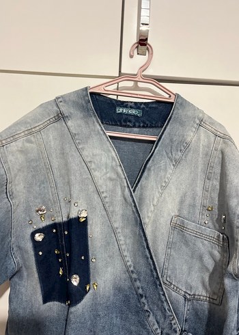 Düğmeli mavi Kadın Denim Ceket