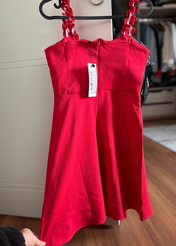 Kırmızı Drapeli Mini Strappy Kadın Elbise - Görsel 3