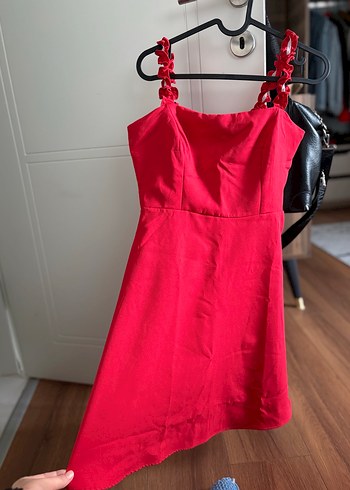 Kırmızı Drapeli Mini Strappy Kadın Elbise - Görsel 5