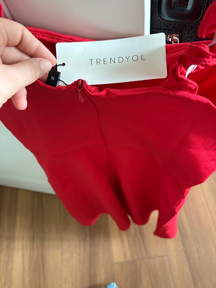 Kırmızı Drapeli Mini Strappy Kadın Elbise - Görsel 2