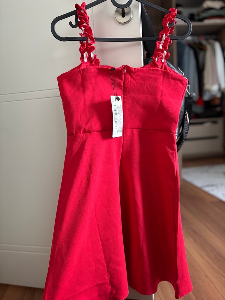 Kırmızı Drapeli Mini Strappy Kadın Elbise - Görsel 4