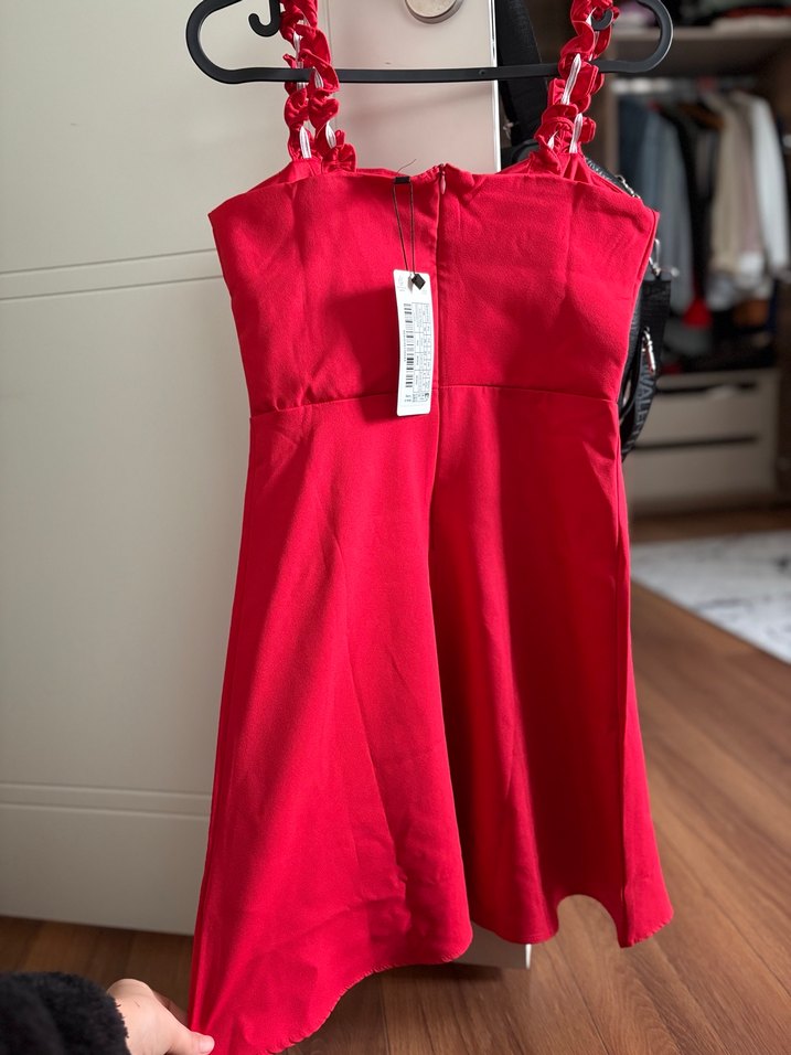 Kırmızı Drapeli Mini Strappy Kadın Elbise - Görsel 3