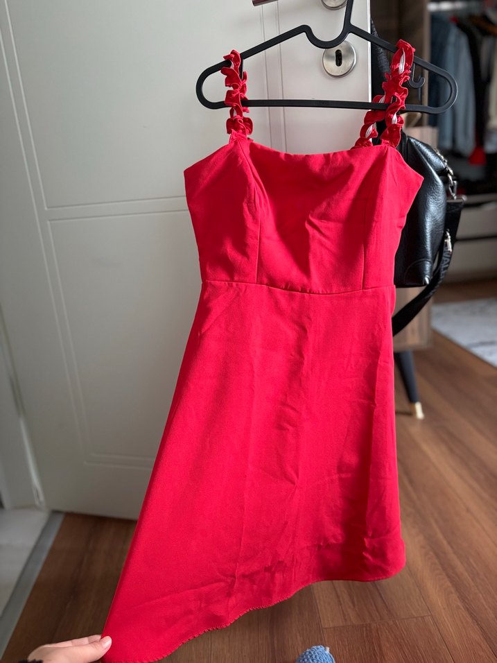 Kırmızı Drapeli Mini Strappy Kadın Elbise - Görsel 5