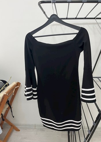 Siyah Çizgili  Midi Elbise - Görsel 2