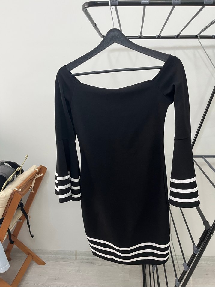 Siyah Çizgili  Midi Elbise - Görsel 2