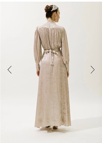 Bej Uzun Kollu Drapeli Kadın Abiye Elbise - Görsel 4