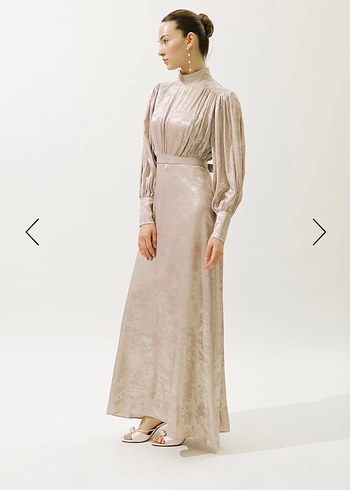 Bej Uzun Kollu Drapeli Kadın Abiye Elbise - Görsel 3