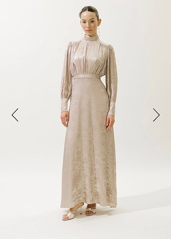 Bej Uzun Kollu Drapeli Kadın Abiye Elbise - Görsel 2