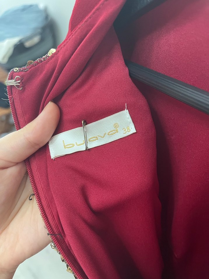 Bordo Uzun Kol İşlemeli Abiye Elbise - Görsel 3