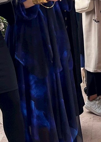 Saks mavi hakim yaka şifon elbise - Görsel 2