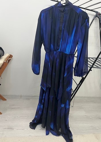 Saks mavi hakim yaka şifon elbise - Görsel 3