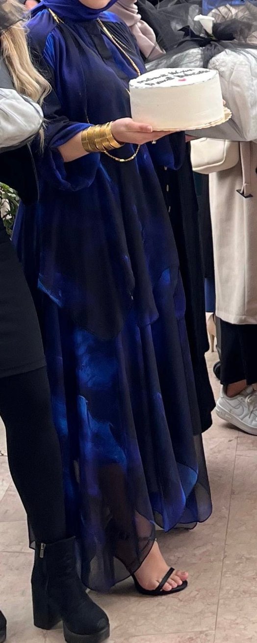 Saks mavi hakim yaka şifon elbise - Görsel 2